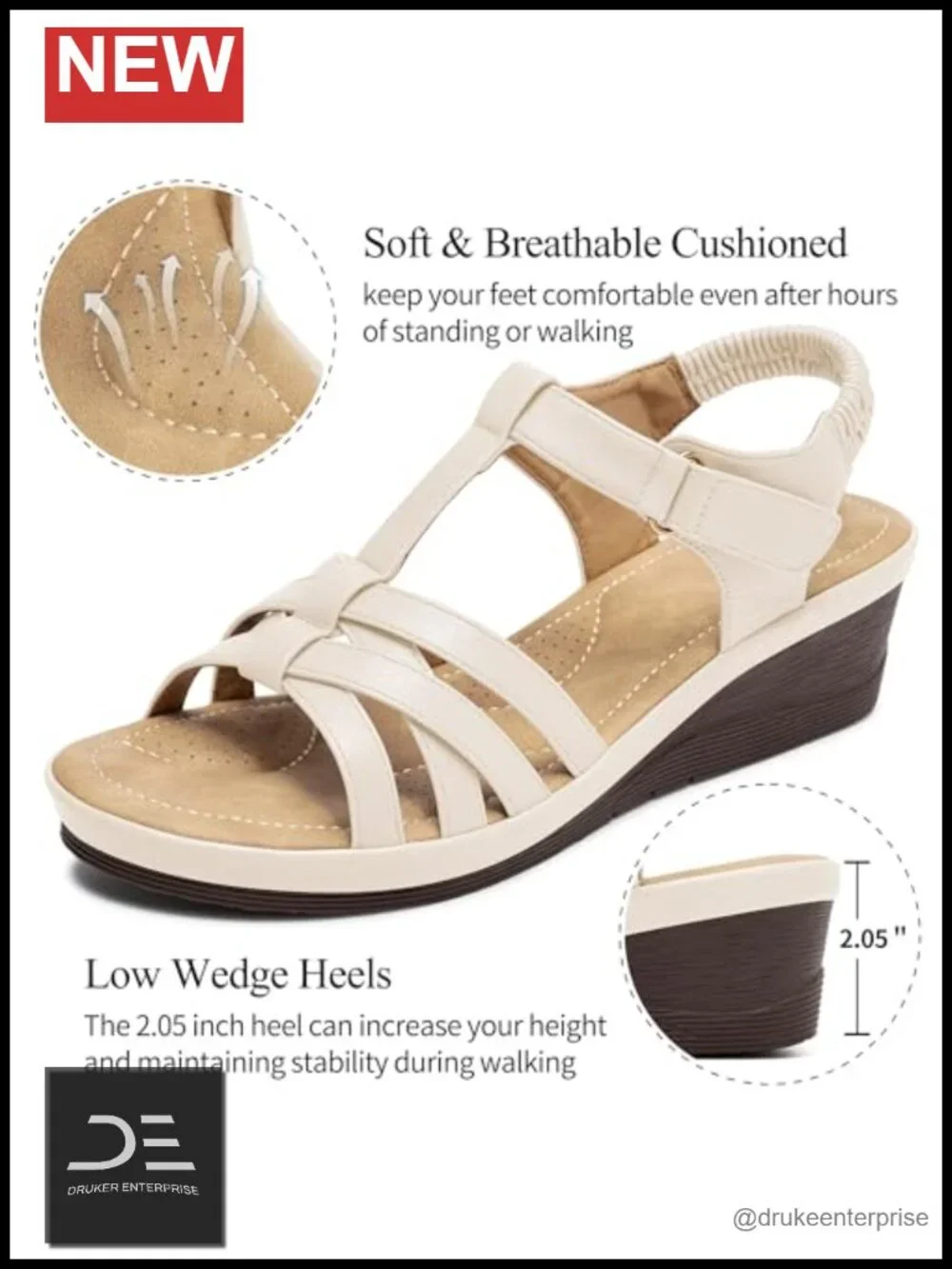 Wedge Sandals - Comfort Cushioned Non-Slip Sole for All-Day Walking